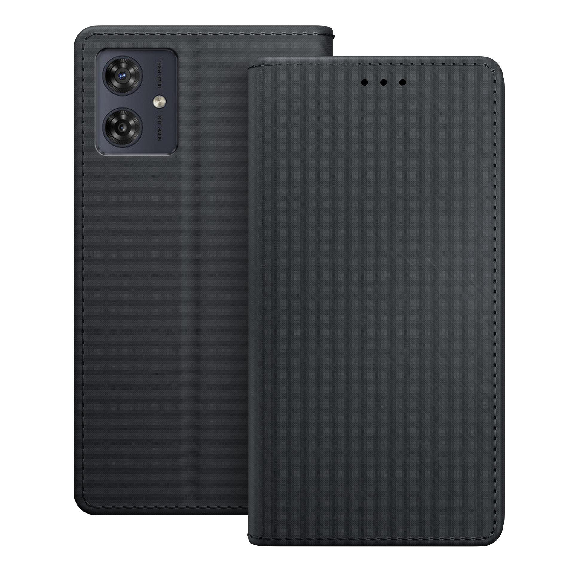 Czarne etui na telefon z klapką, widocznymi szwami i modułem aparatu.