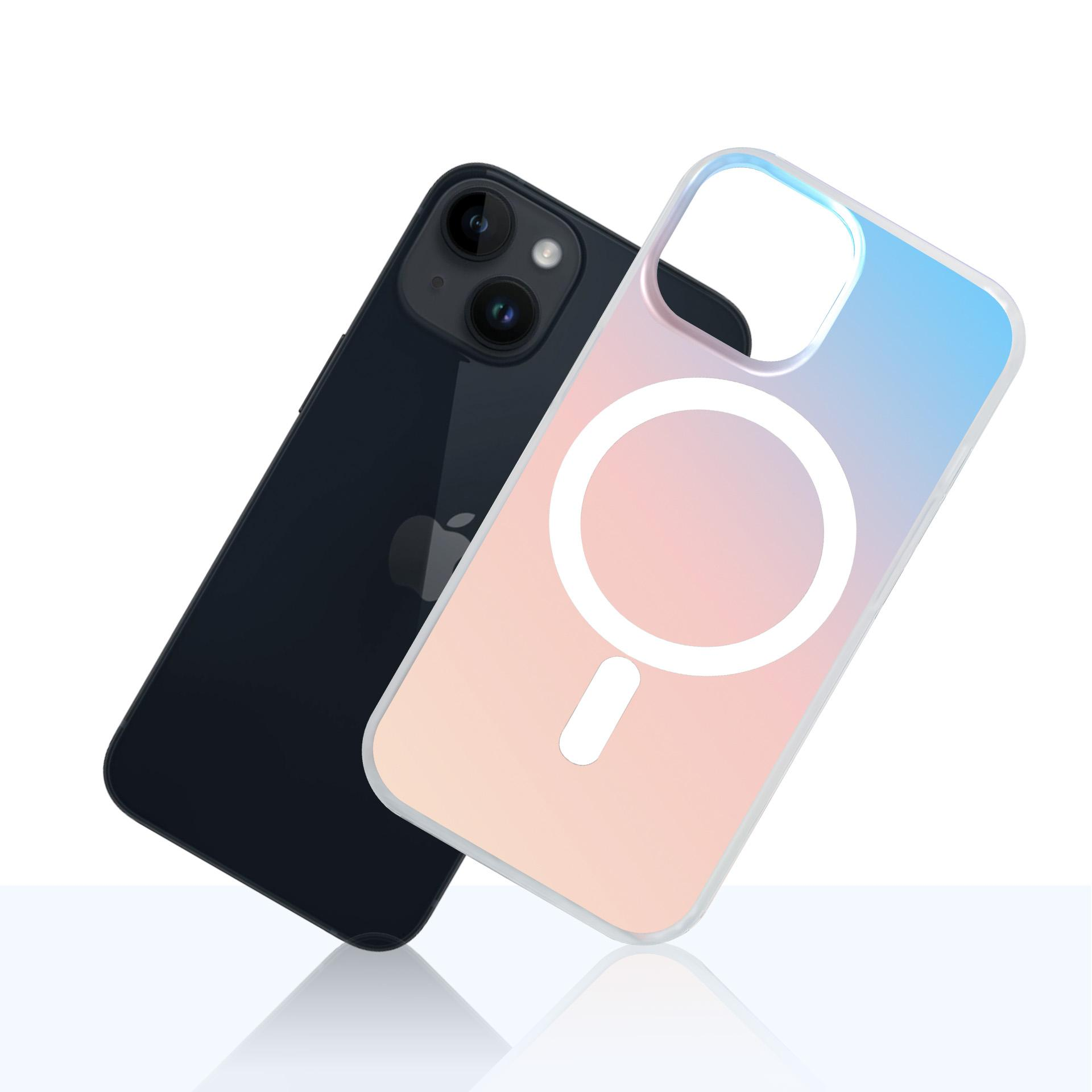 Czarny iPhone obok etui z gradientem i pierścieniem magnetycznym.