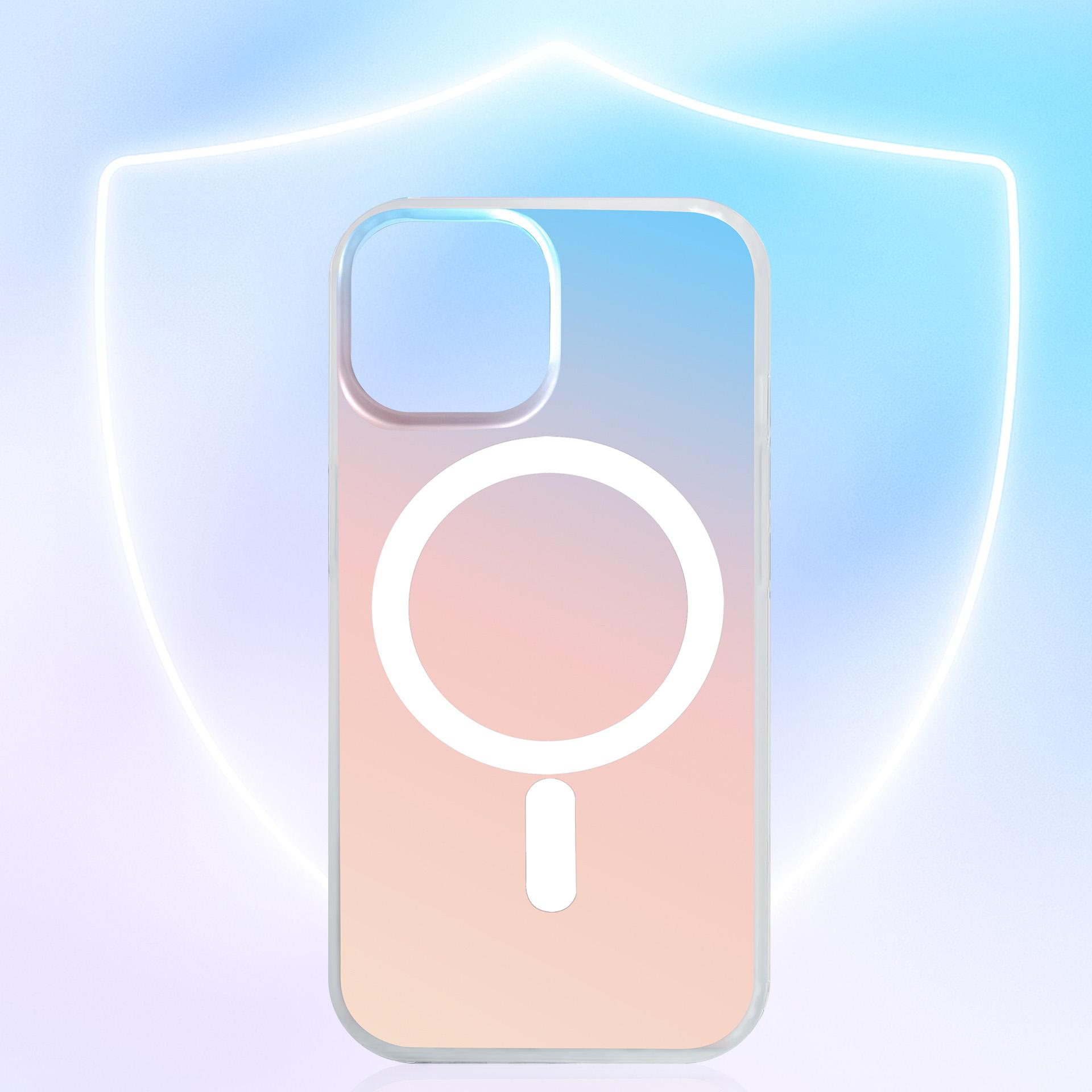 Przezroczyste etui na telefon z kółkiem MagSafe przed neonową tarczą.