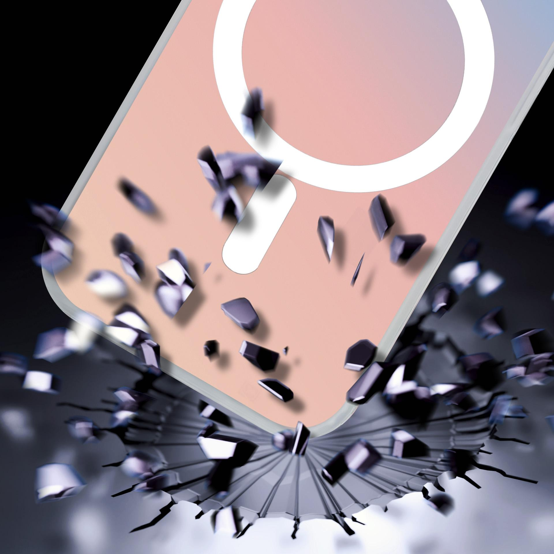 Różowy przedmiot z białym okręgiem rozpada się na ciemne odłamki.