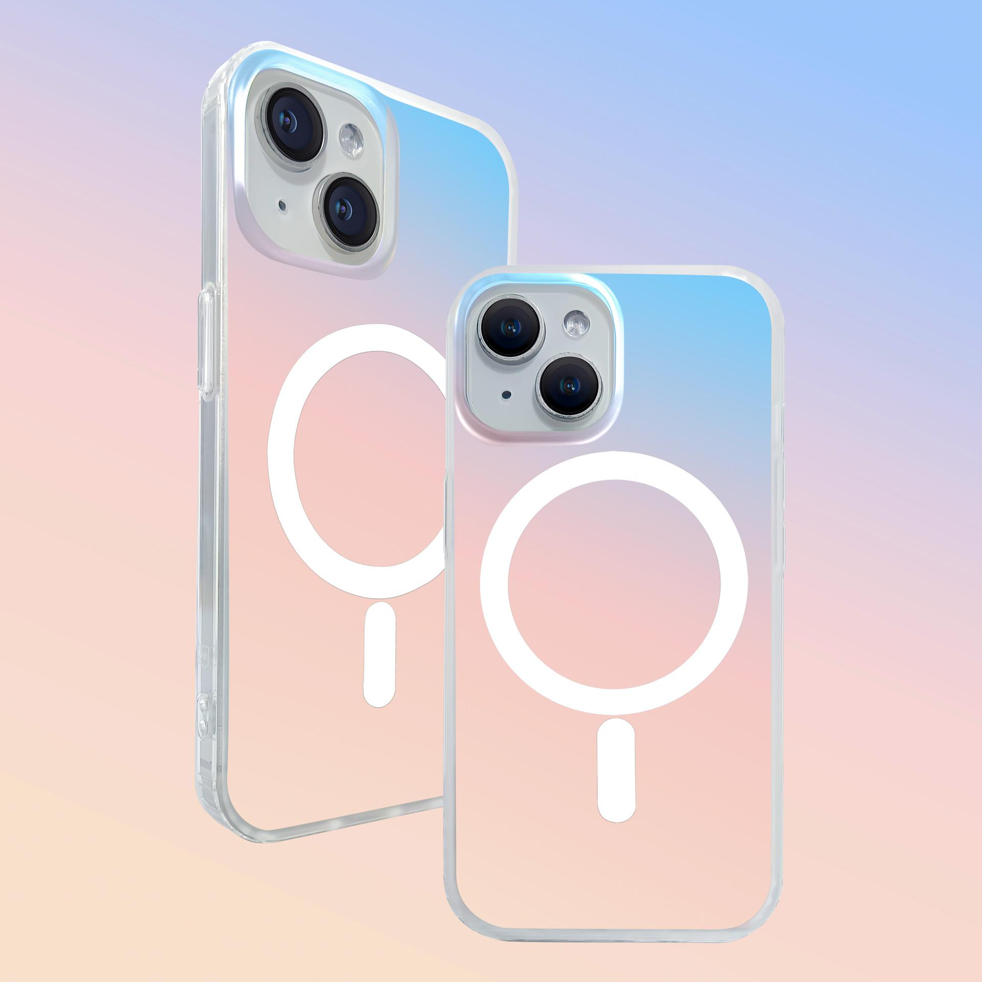 Dwa przezroczyste etui na telefon z okręgiem MagSafe na pastelowym tle.