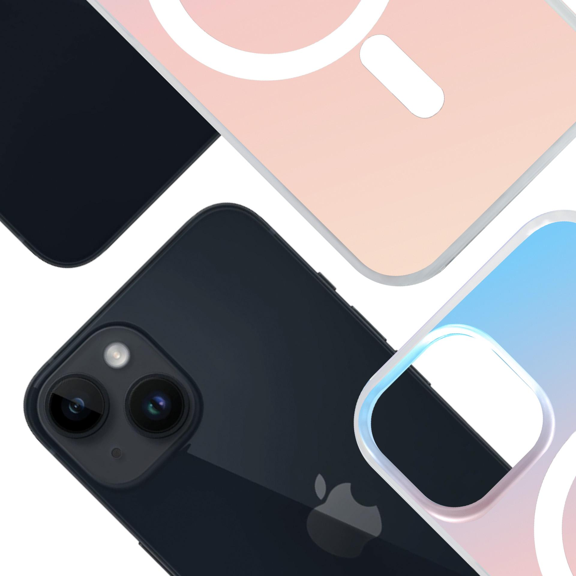 Ciemnoniebieski iPhone z aparatami, obok różowych i niebieskich etui.