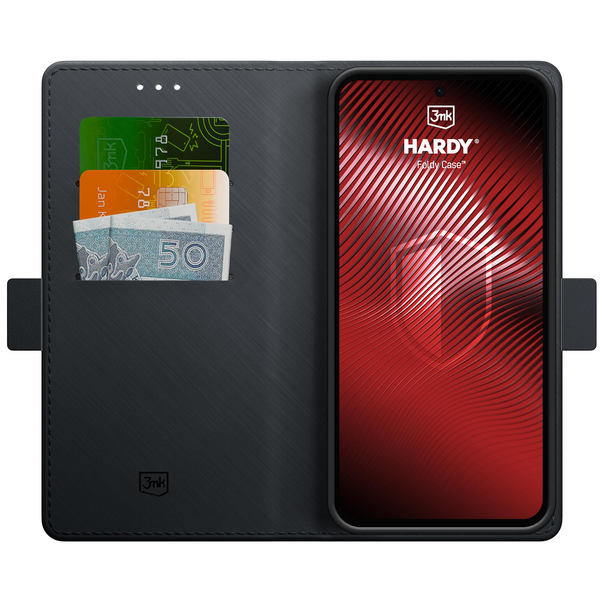 Czarne etui z klapką na telefon z miejscem na karty i banknoty. Ekran wyświetla czerwony wzór.