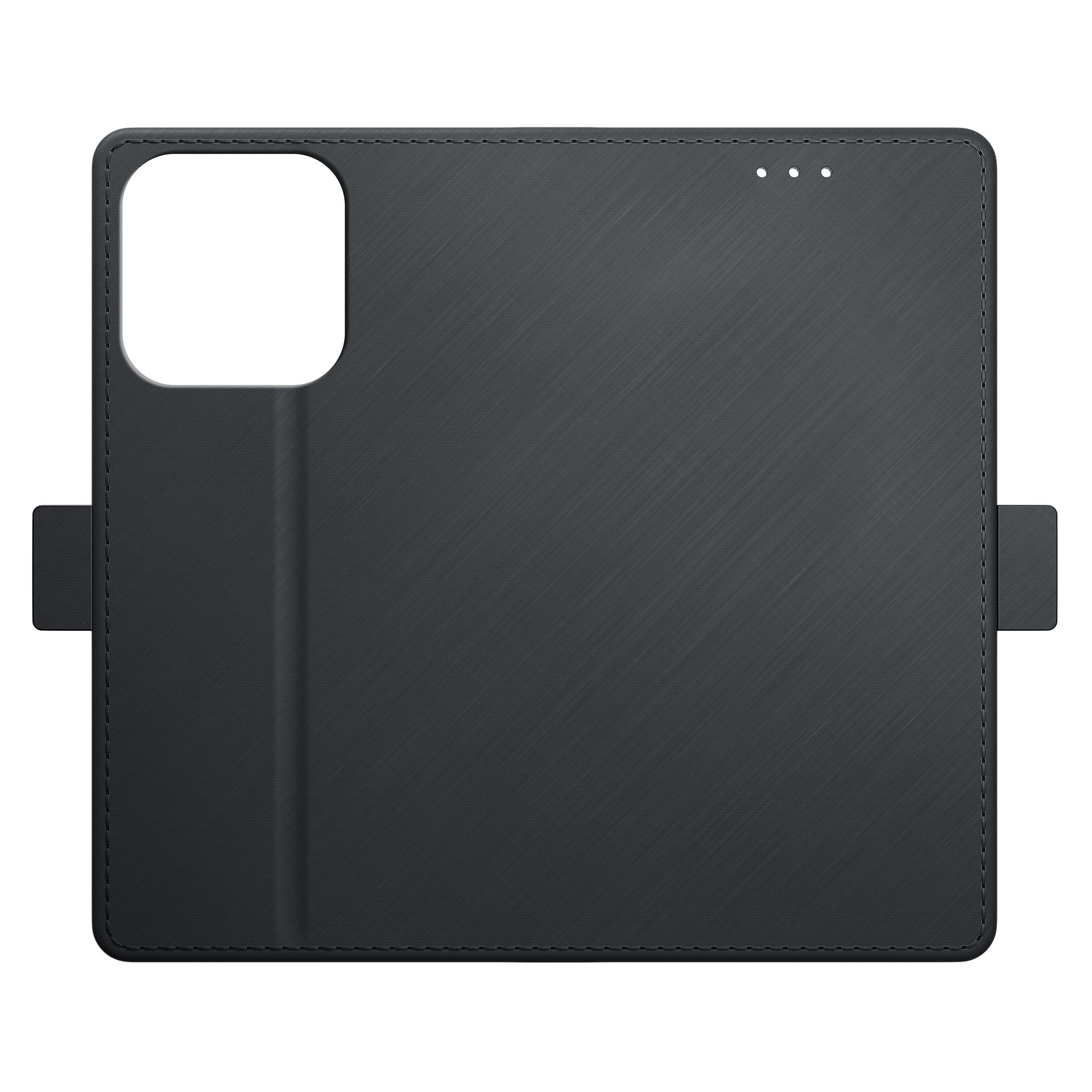 Czarne etui na telefon z wycięciem na aparat i zapięciem magnetycznym.