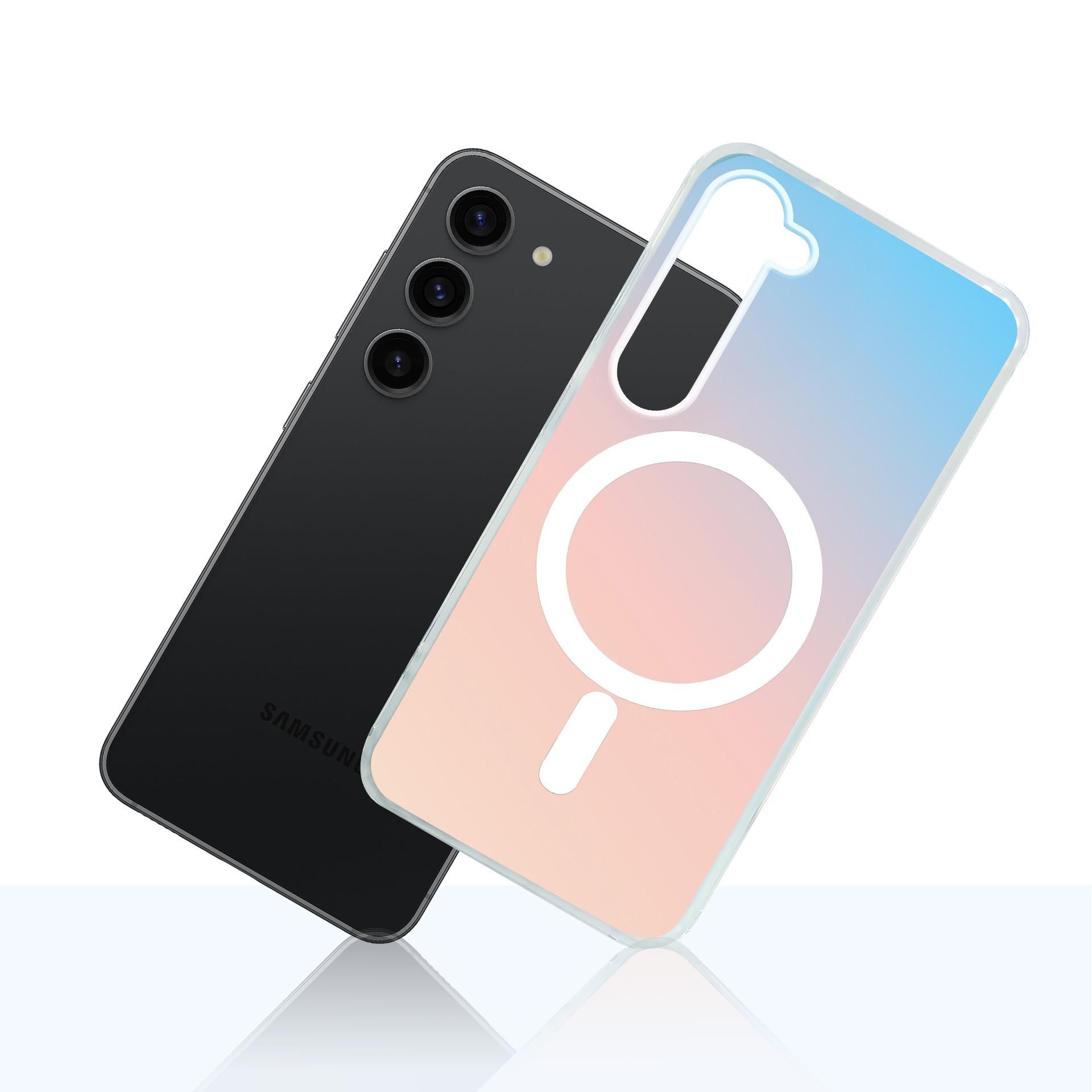 Czarny telefon Samsung obok przezroczystego etui z gradientem.