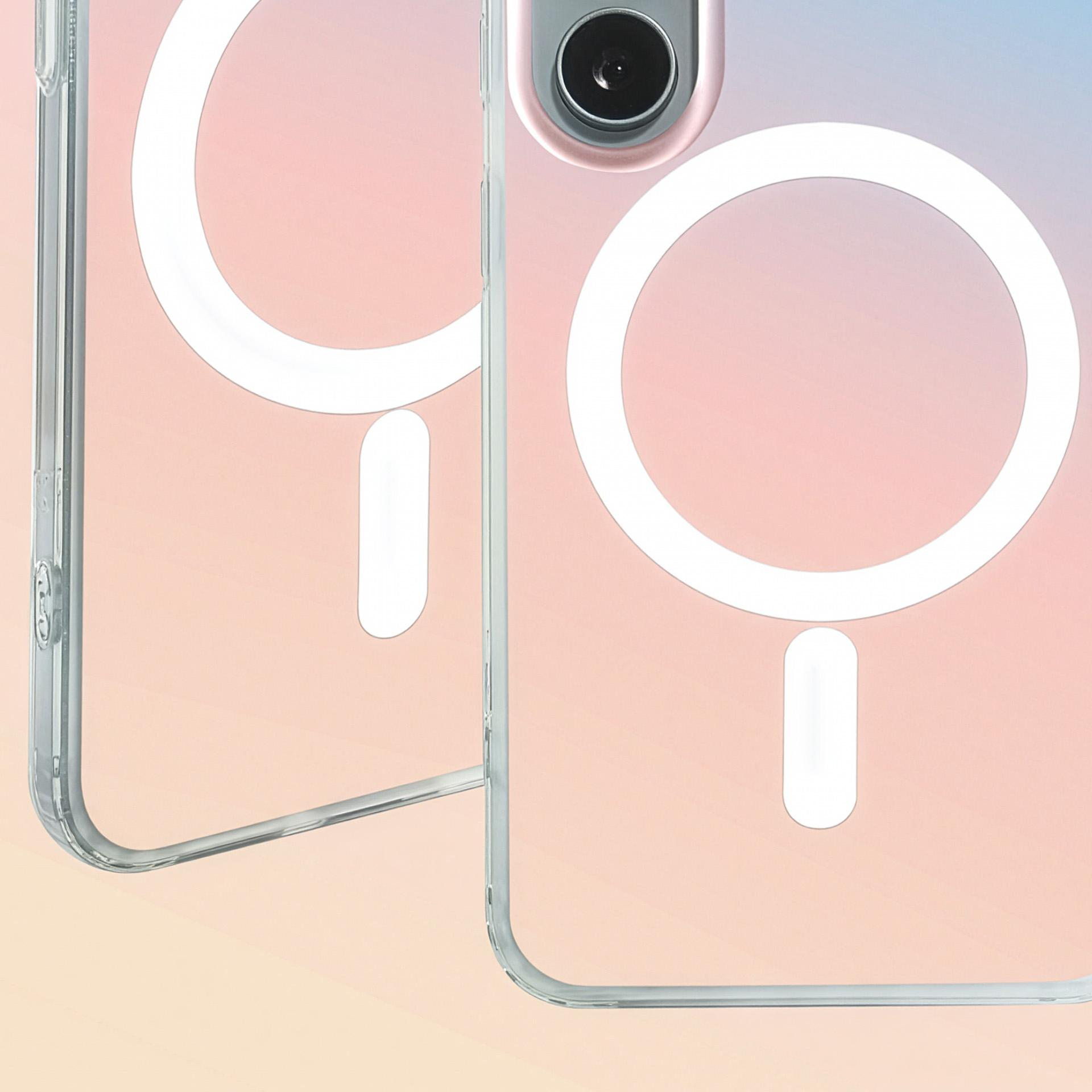 Przezroczyste etui na telefon z białym kółkiem i linią na różowym tle gradientowym.