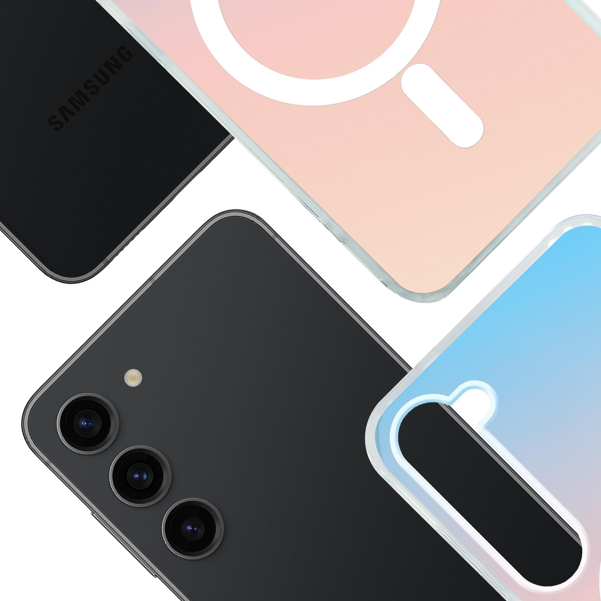 Trzy tyły smartfonów: czarny, różowy i niebieski gradient.