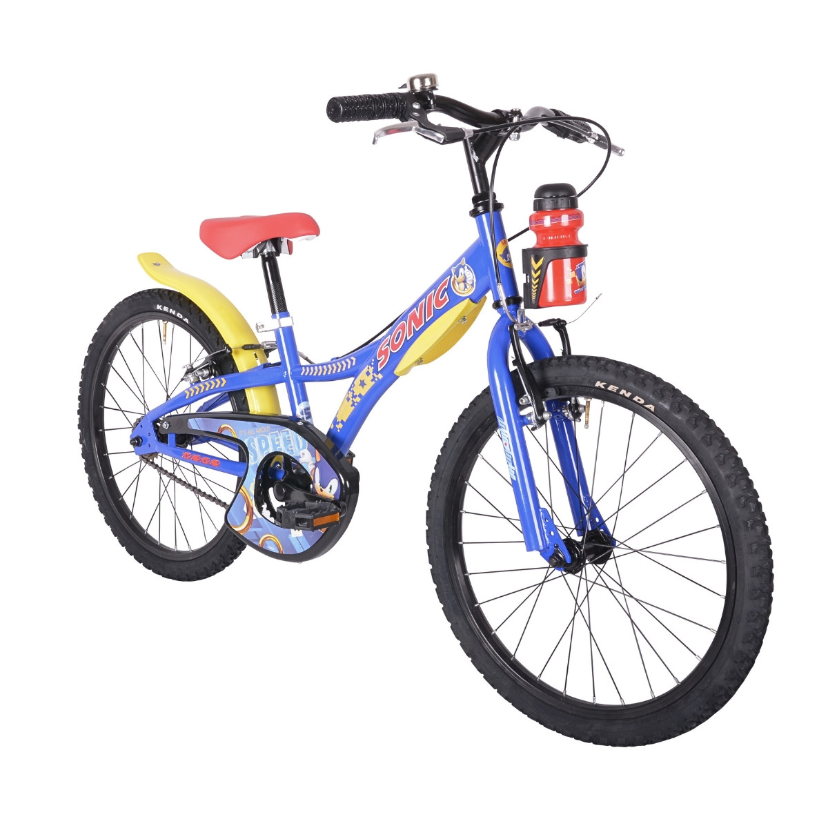 Niebieski rower dziecięcy z motywem Sonic, czerwonym siodełkiem i żółtymi błotnikami.