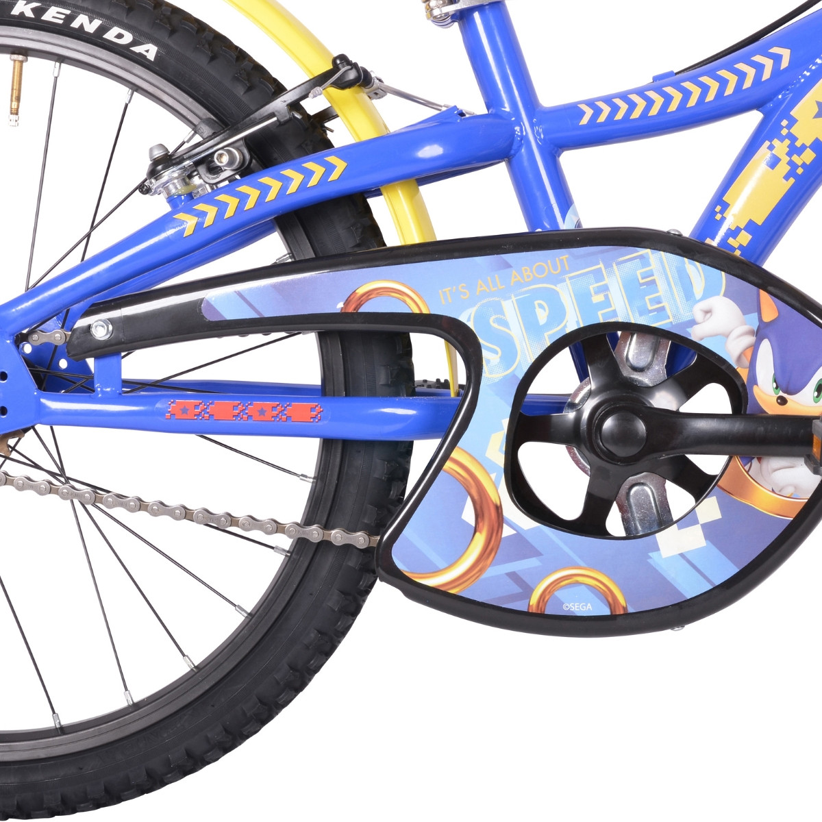 Niebieska rama roweru dziecięcego z grafiką Sonic i kołami.