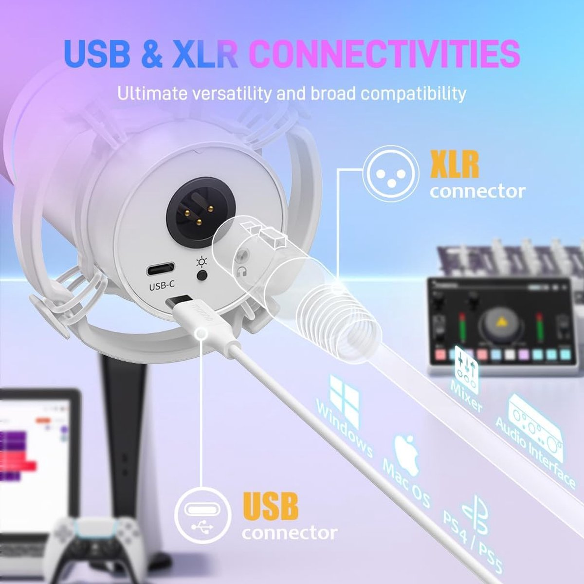 Microfoon met USB-C en XLR poorten, verbindt met mixer, audio-interface, pc's, Mac, PS4/PS5.