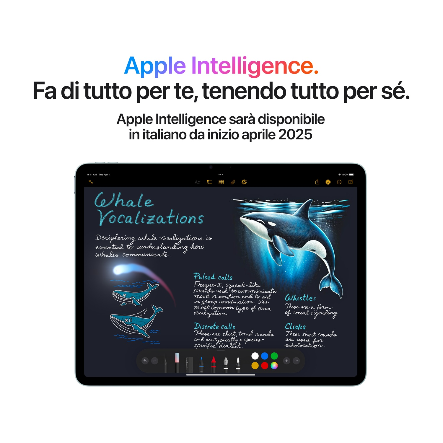 Tablet wyświetla "Apple Intelligence" i wokalizacje wielorybów z ilustracjami wielorybów i orek.