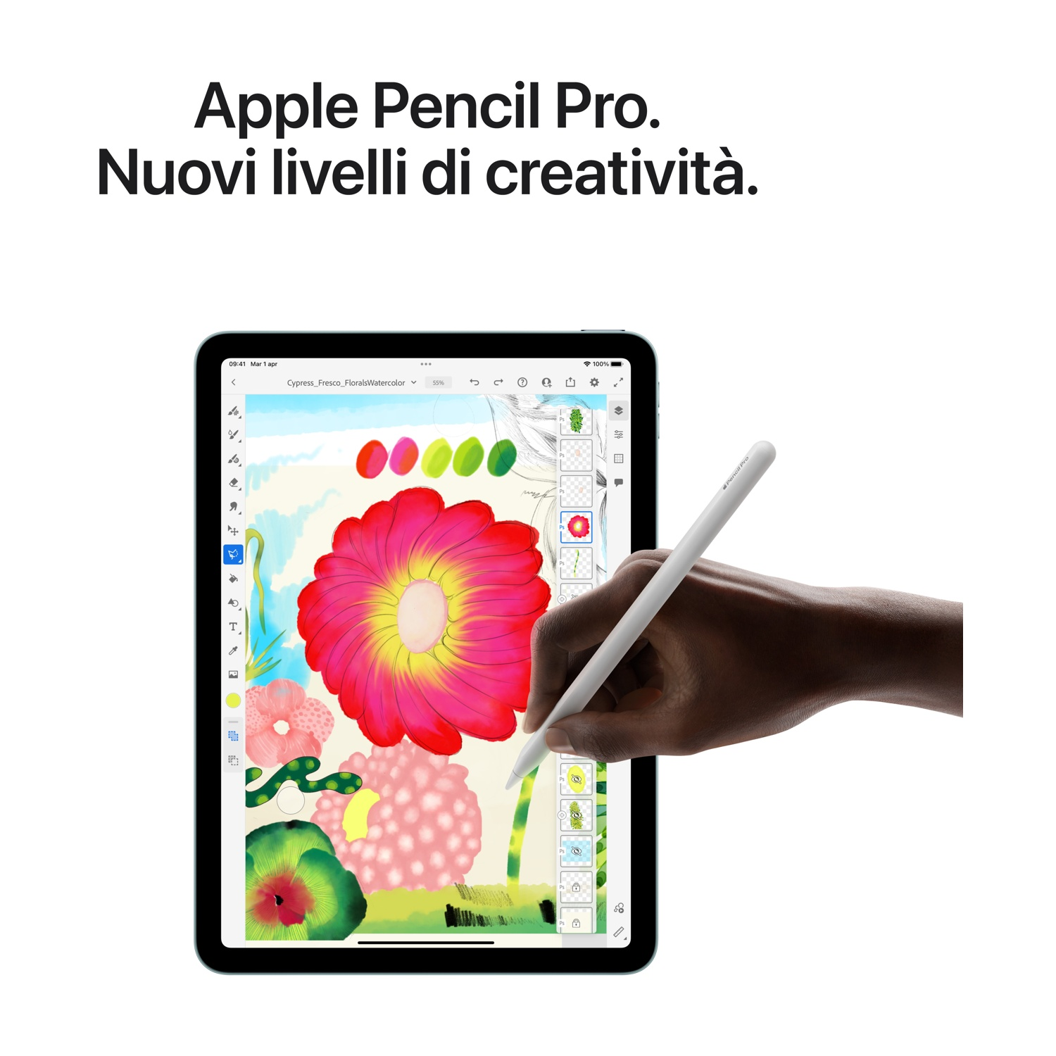 Dłoń trzyma biały Apple Pencil Pro, rysując na tablecie z kolorową ilustracją kwiatową.
