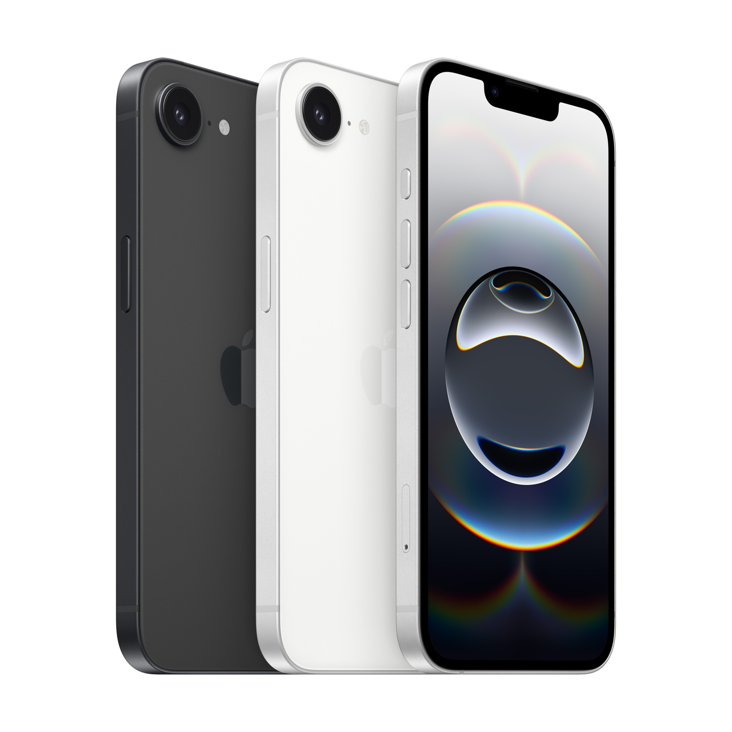 Dwa iPhone'y, czarny i biały, na białym tle. Przedni iPhone jest biały i wyświetla tapetę z tęczą.
