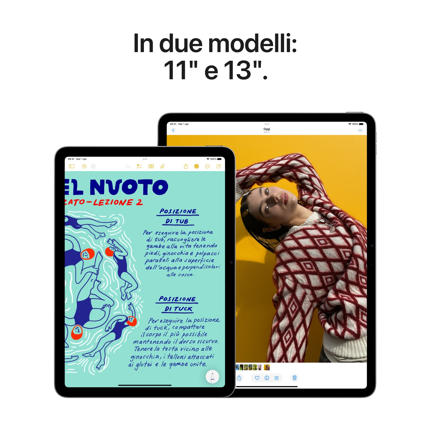 Zwei iPads zeigen Schwimmpositionen. Eines zeigt eine Illustration, das andere eine Frau.