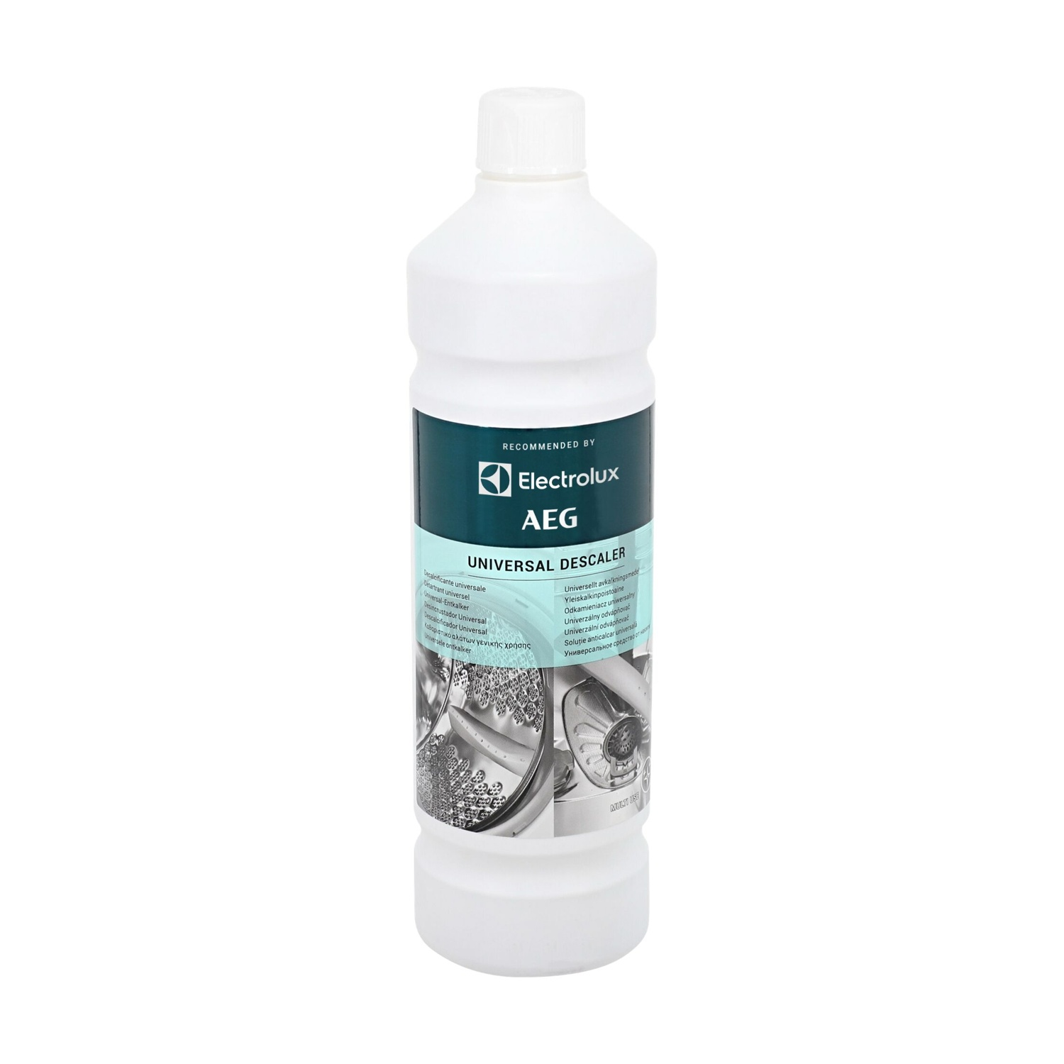 Una botella blanca de Descalcificador Universal AEG, recomendado por Electrolux.