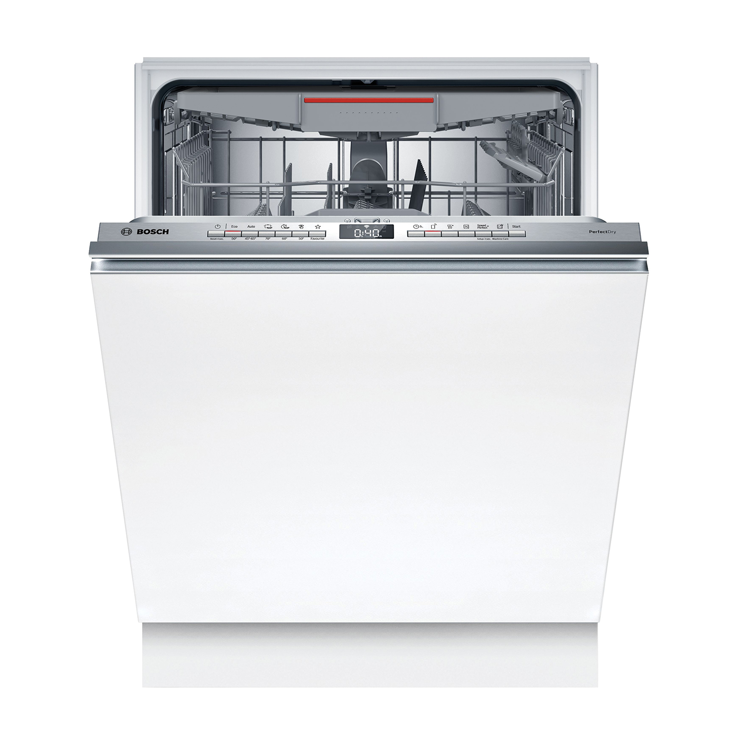 Lavastoviglie Bosch bianca aperta con pannello di controllo argento e display digitale.