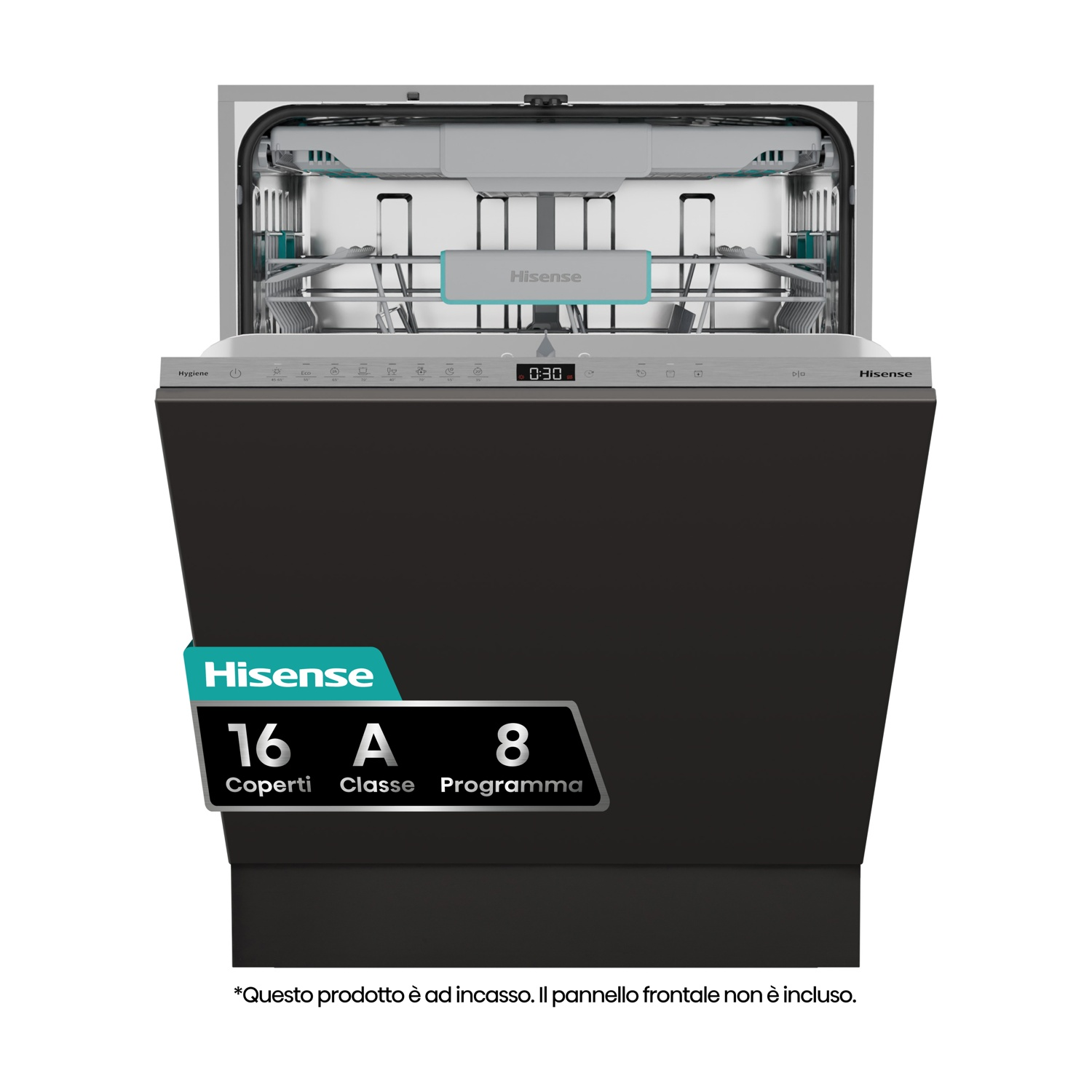 Lavastoviglie Hisense aperta con cestello superiore argentato e pannello frontale nero.