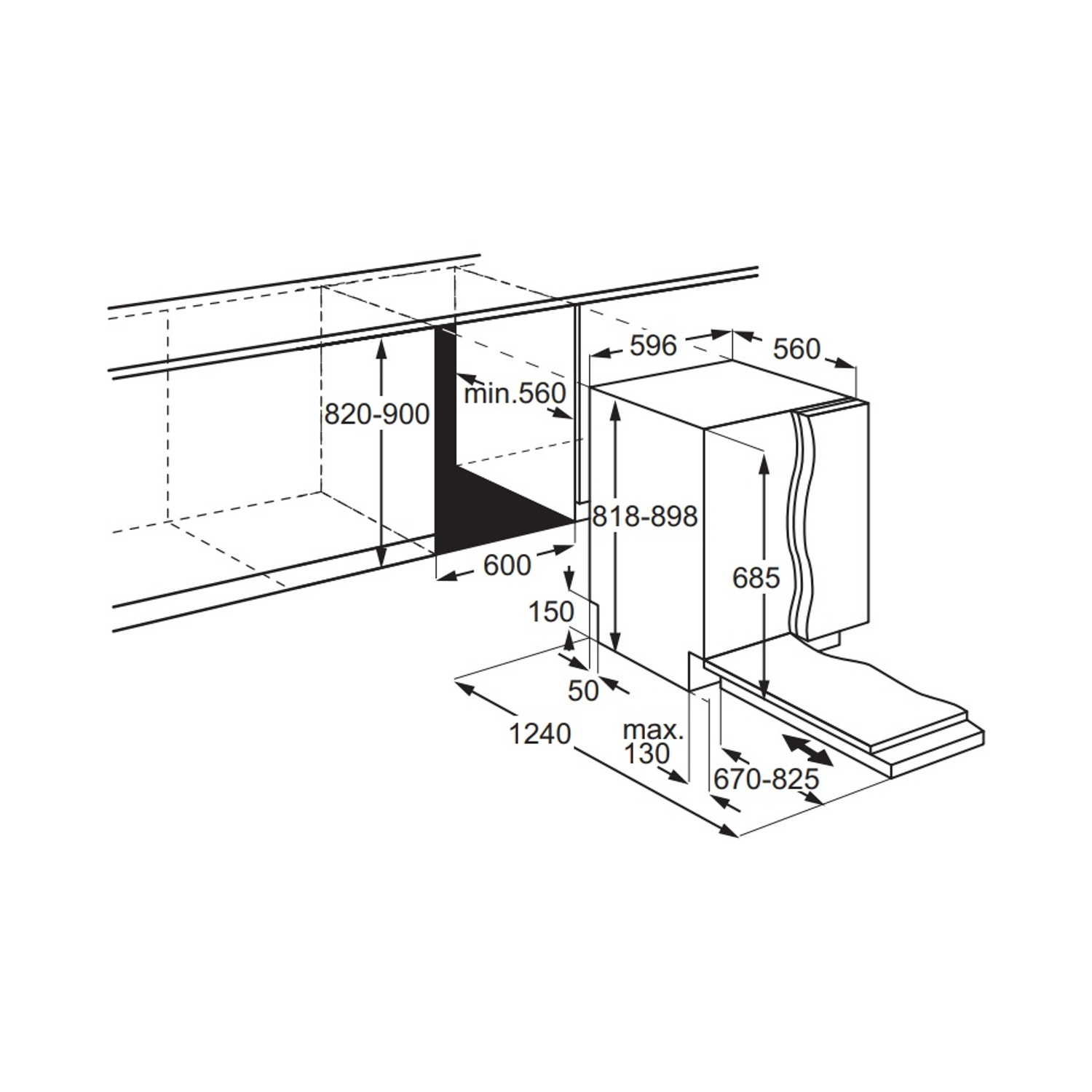 Dibujo técnico de un electrodoméstico empotrado con dimensiones de altura y anchura.