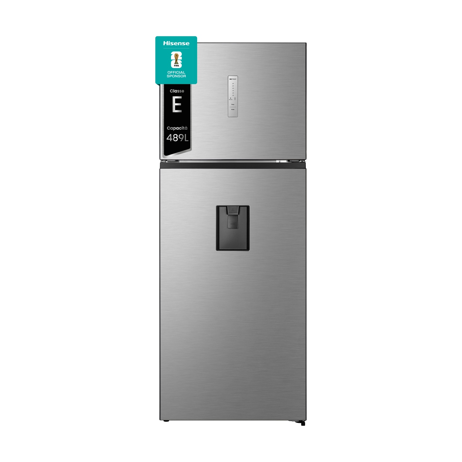 Un frigorífico Hisense plateado de dos puertas con dispensador de agua.
