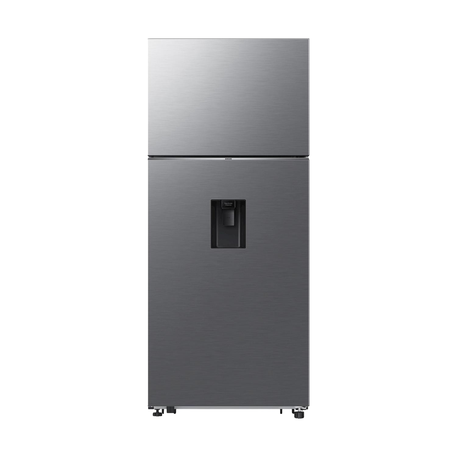 Un refrigerador plateado con dispensador de agua en el medio de la puerta inferior.