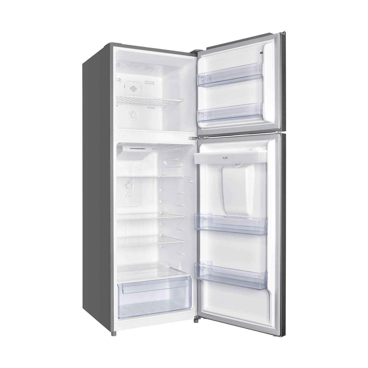 Un refrigerador gris abierto con estantes y cajones blancos dentro.