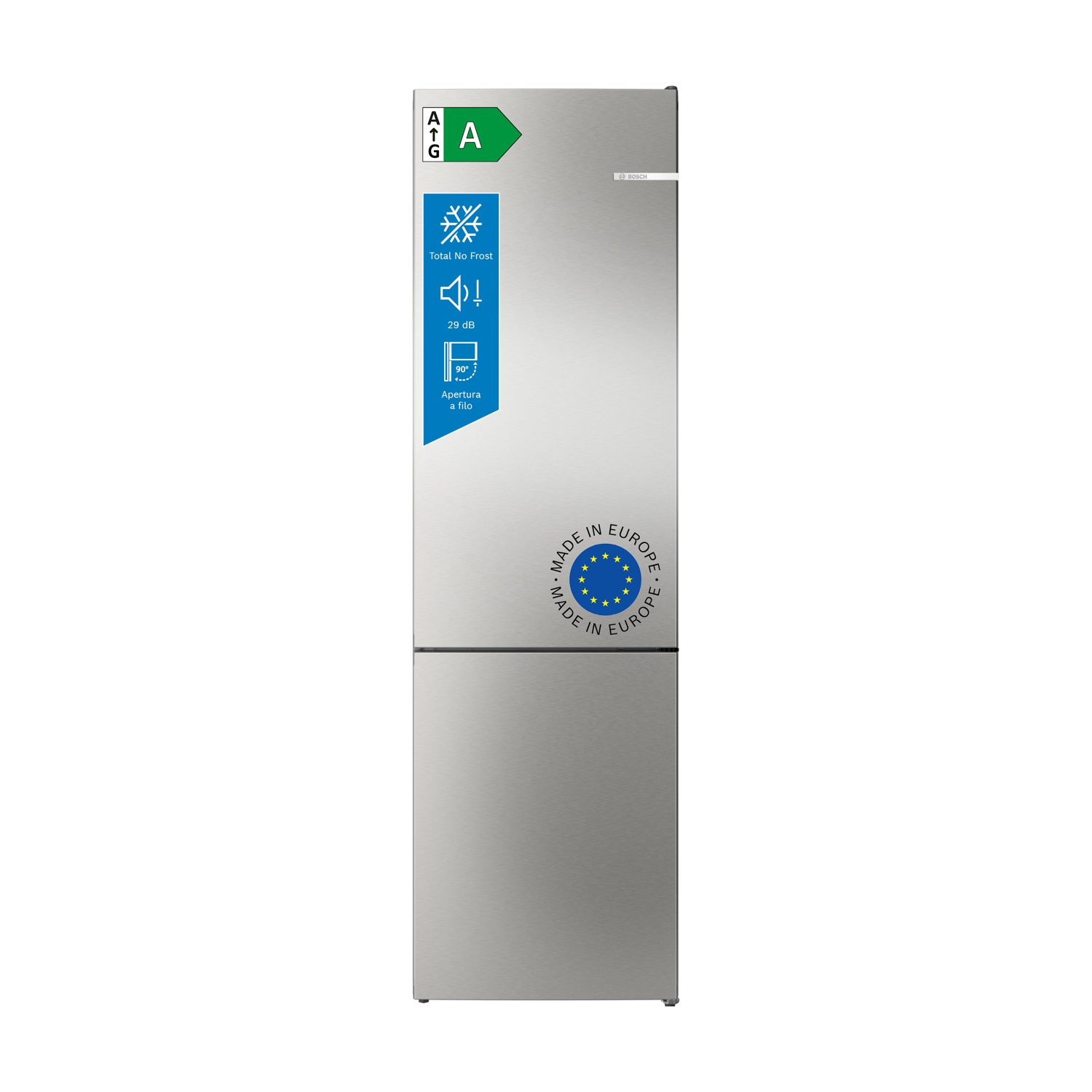 Nevera Bosch plateada con etiqueta energética A, sin escarcha, 29 dB y pegatina fabricado en Europa.