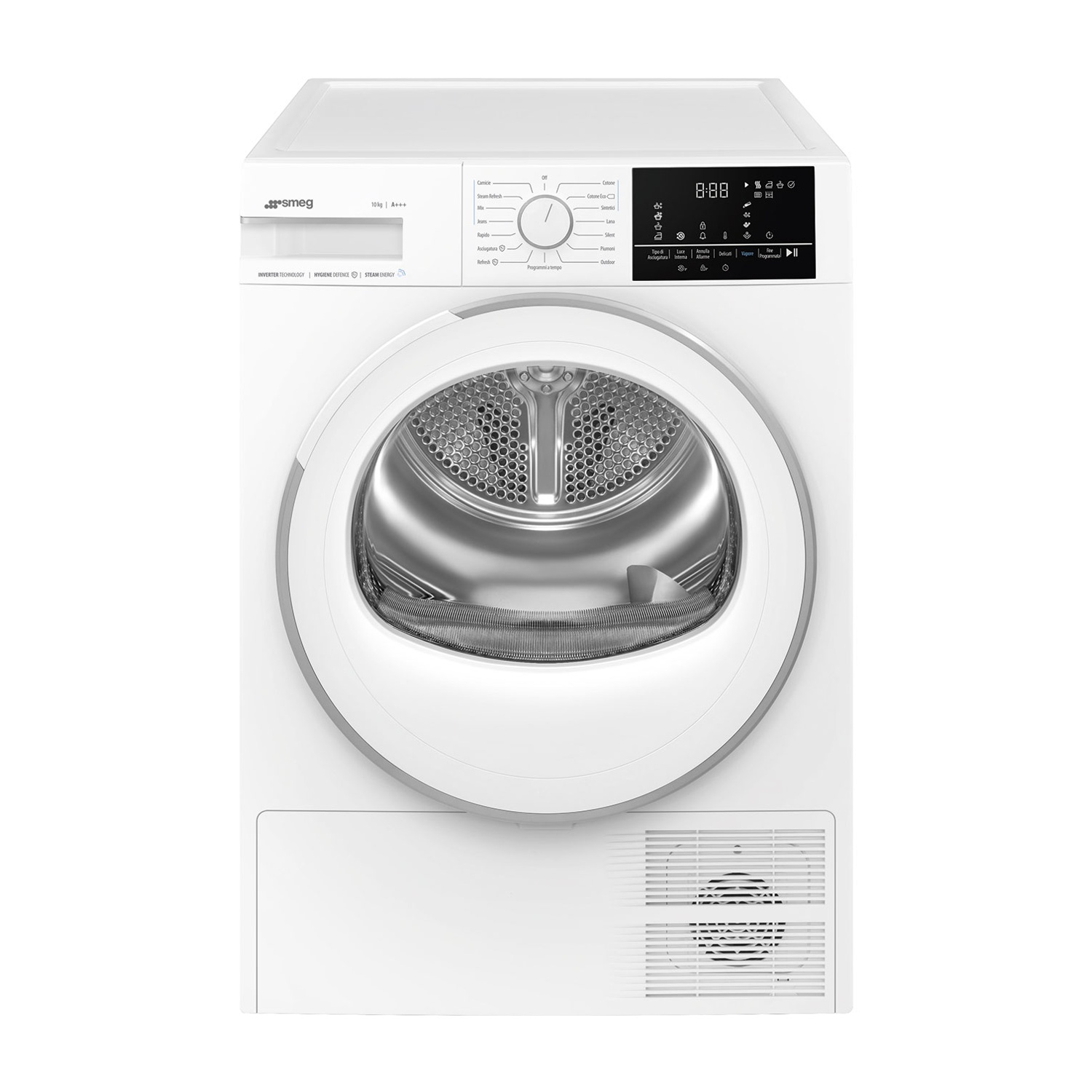 Un'asciugatrice Smeg bianca con display digitale e pannello di controllo.