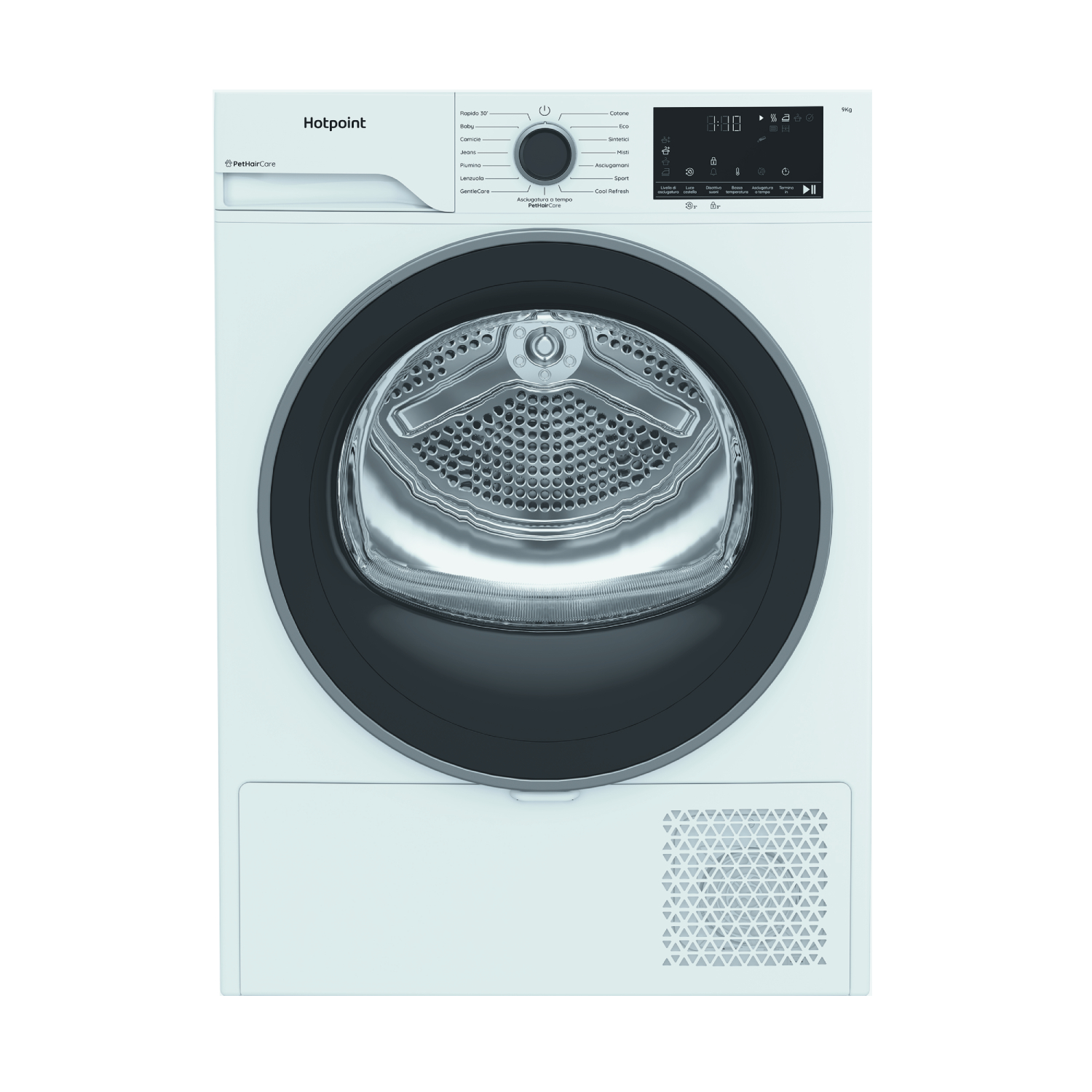 Una asciugatrice Hotpoint bianca con cestello argento e pannello digitale.