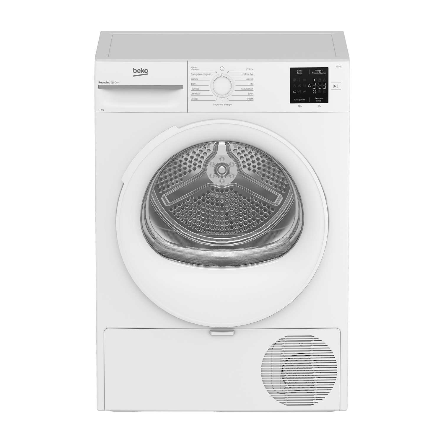 Una asciugatrice Beko bianca, vista frontale che mostra display, oblò e comandi.