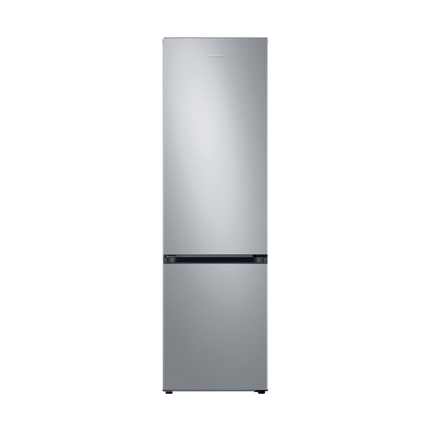 Un refrigerador Samsung plateado de dos puertas sobre fondo blanco.