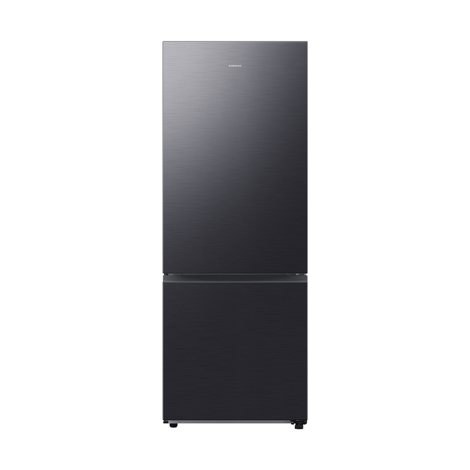 Un refrigerador Samsung oscuro con acabado cepillado, dos puertas y asa plateada.