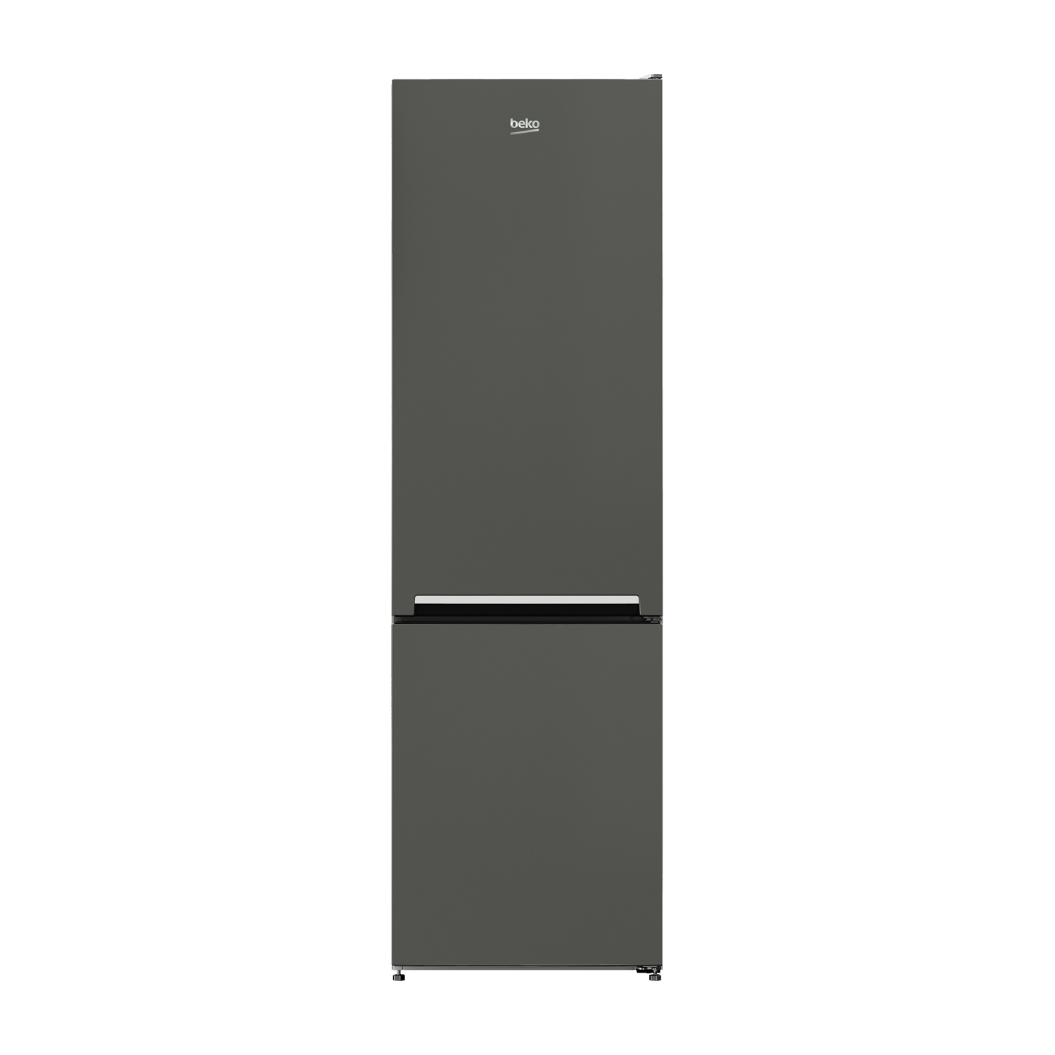 Un refrigerador Beko gris de dos puertas está sobre un fondo blanco.