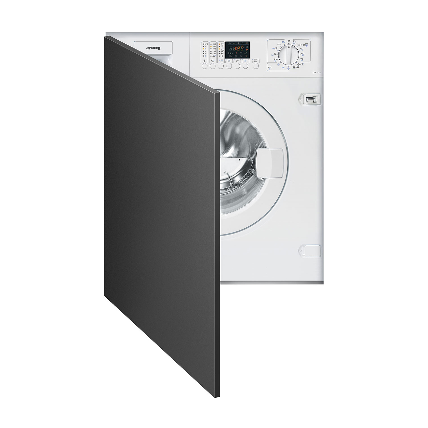 Lavadora blanca con puerta gris oscuro parcialmente abierta.