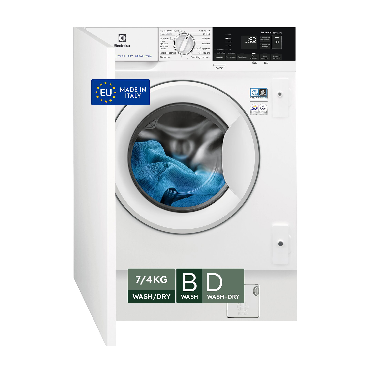 Una lavadora Electrolux blanca con tela azul en el tambor y pegatina EU Made in Italy.
