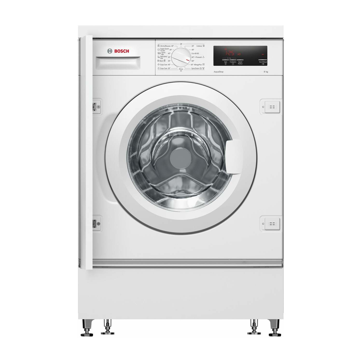 Lavadora Bosch blanca con puerta entreabierta y pantalla digital. Programas arriba.