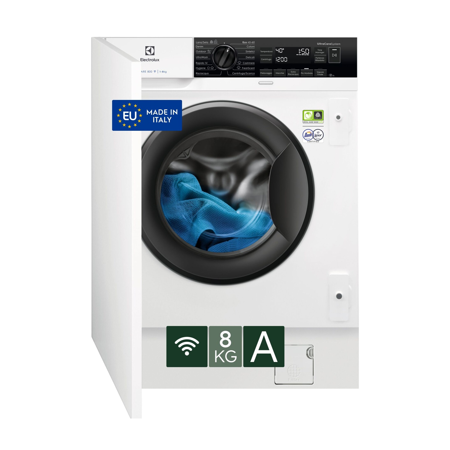 Una lavadora Electrolux blanca con panel de control, tambor y sello UE.