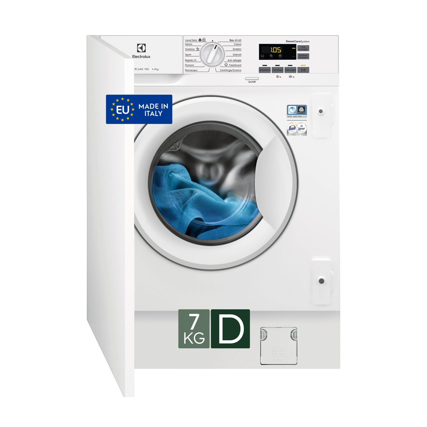 Una lavadora blanca Electrolux con tela azul dentro del tambor.