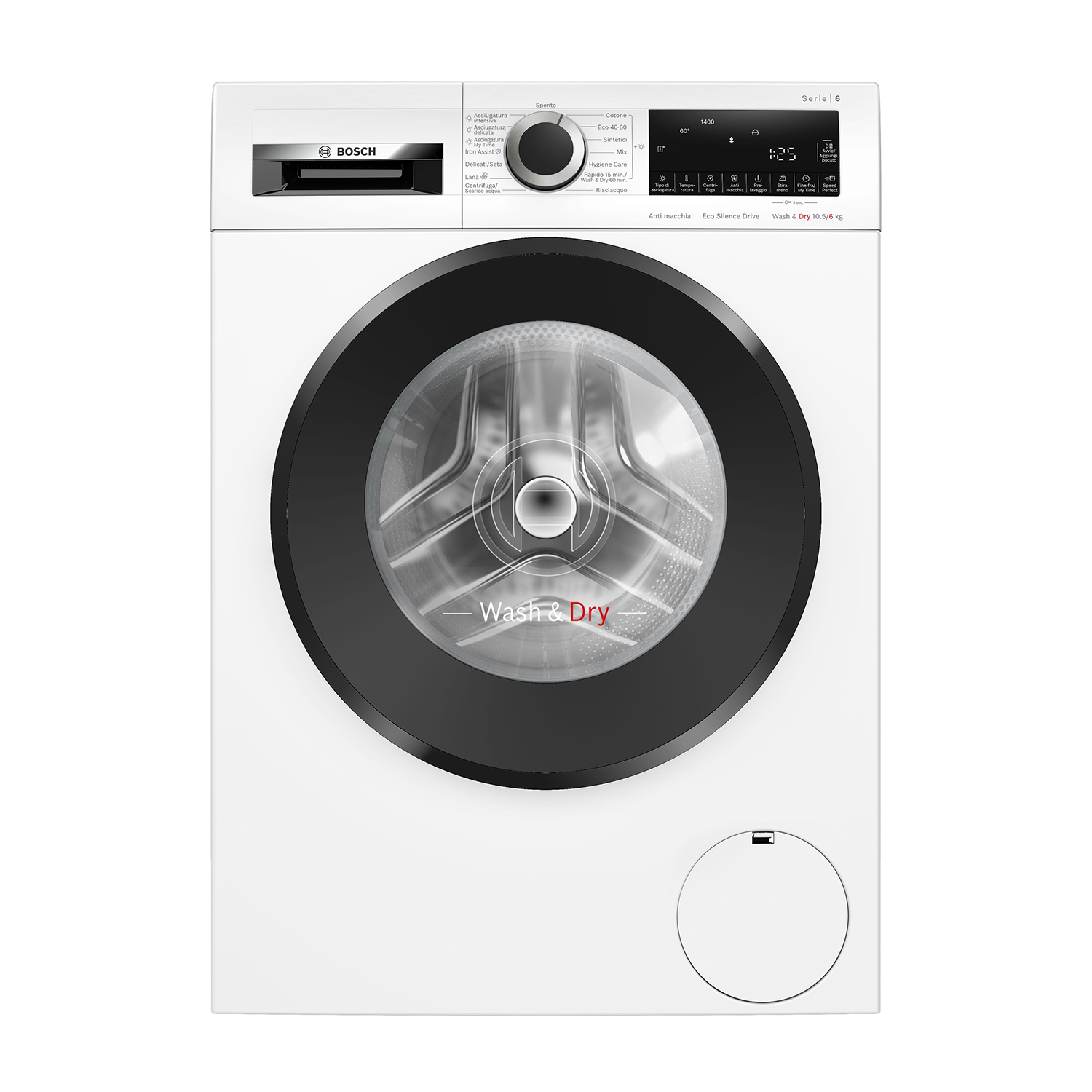 Una lavadora Bosch blanca con puerta negra y panel de control digital. La puerta muestra ropa dentro.