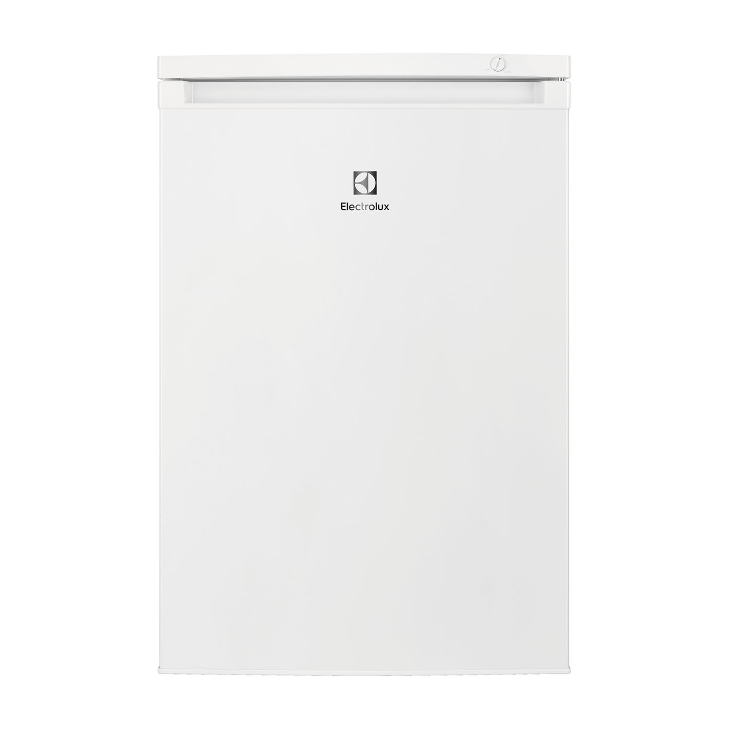 Un congelador vertical blanco Electrolux con un dial en la parte superior.