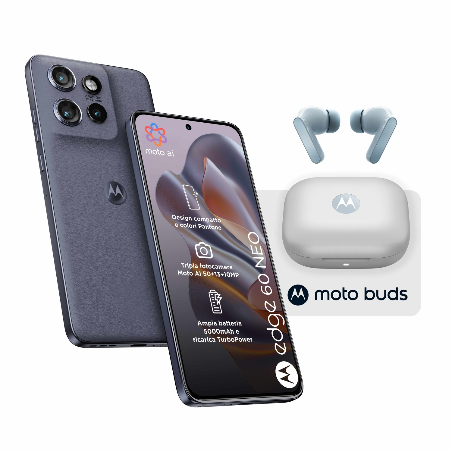 Szary smartfon Motorola ze słuchawkami i etui ładującym.