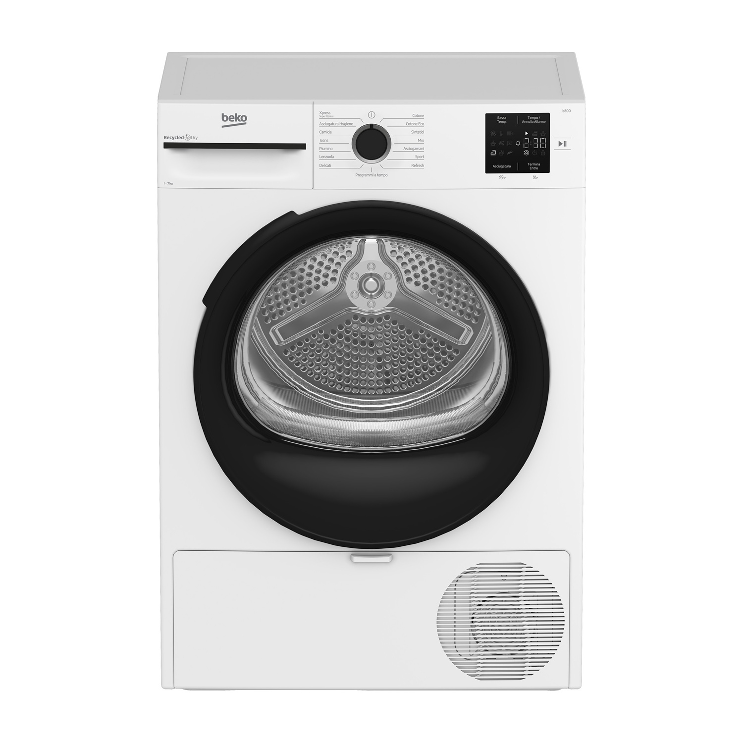 Un'asciugatrice Beko bianca con display digitale e porta nera.