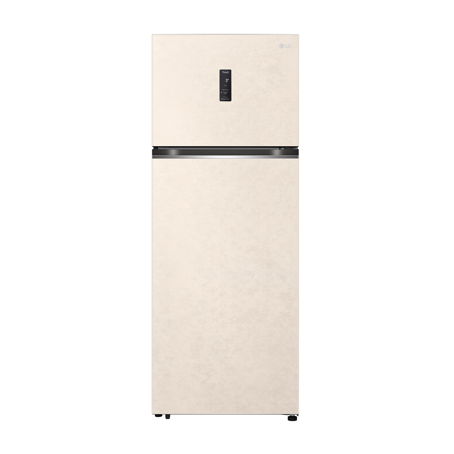 Un refrigerador LG color crema con congelador superior y pantalla digital.