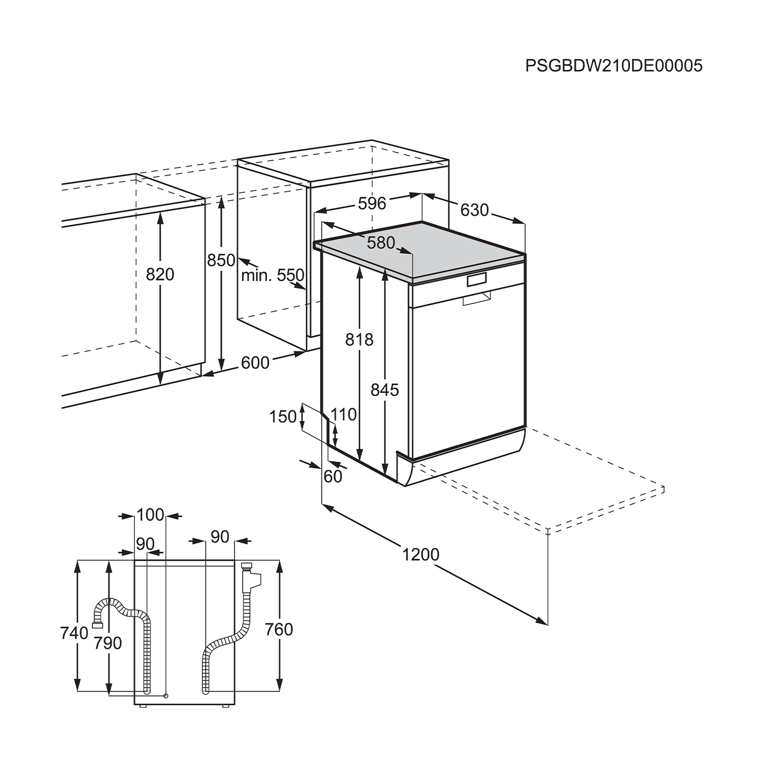 Disegno tecnico di una lavastoviglie con dimensioni e collegamenti.