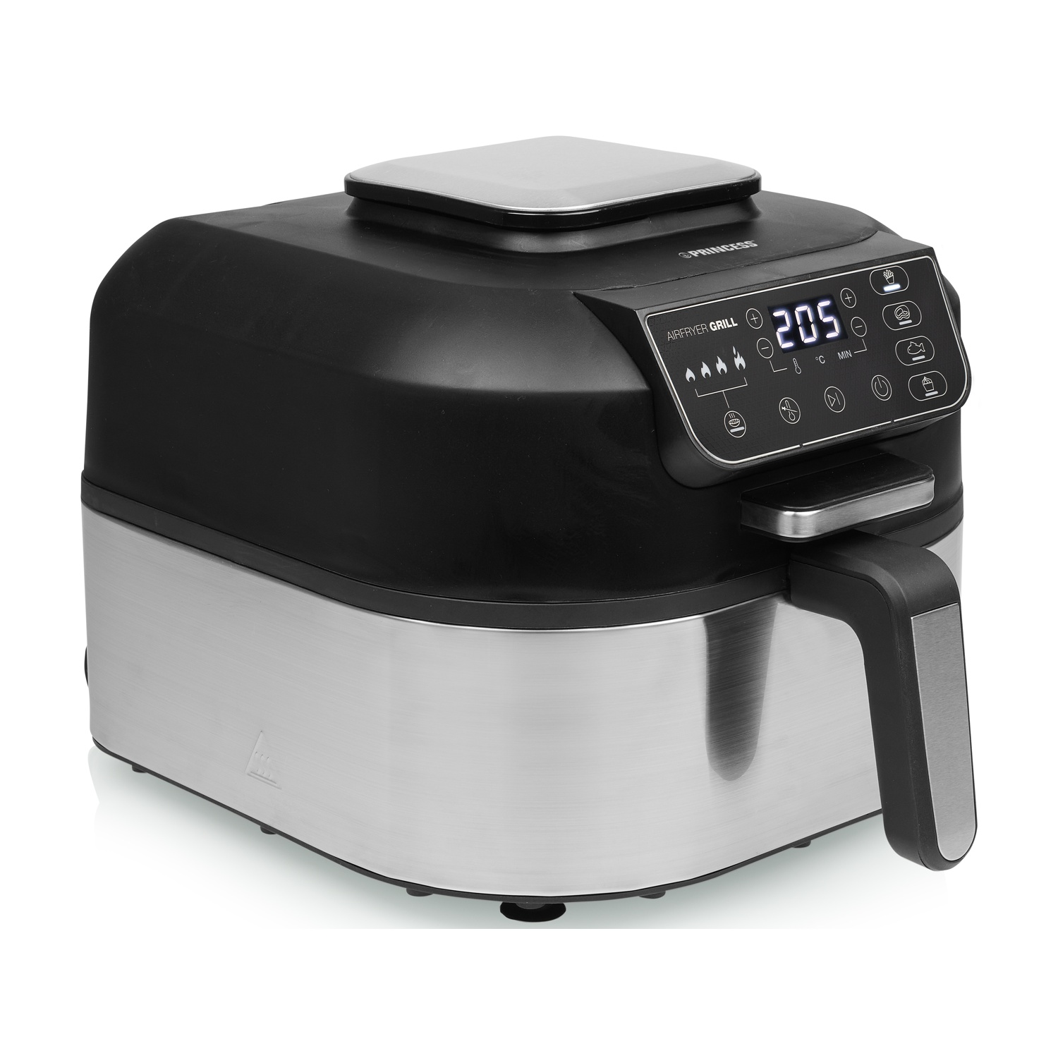 Ein schwarzer und silberner Heißluftfritteusen-Grill mit digitaler Anzeige.
