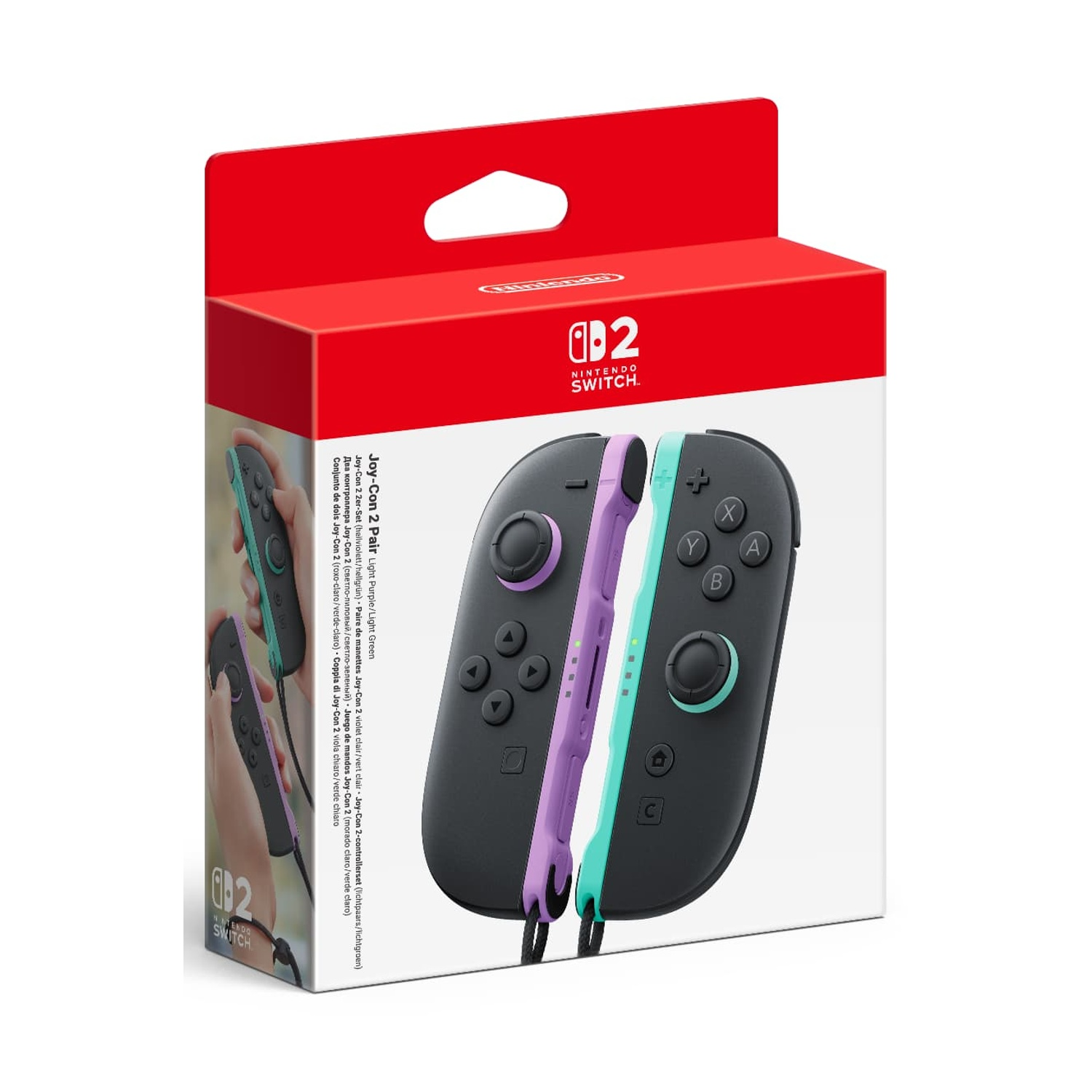 Confezione con controller Joy-Con Nintendo Switch viola e verdi.