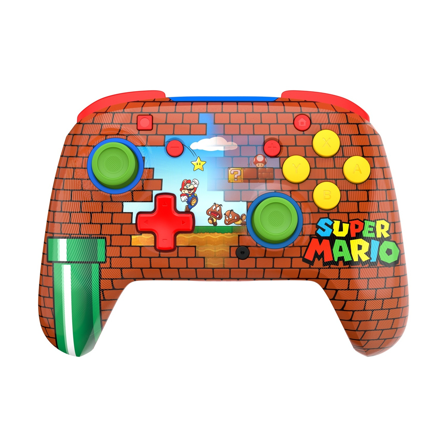 Un controller Super Mario con motivo a mattoni e scena di gioco.