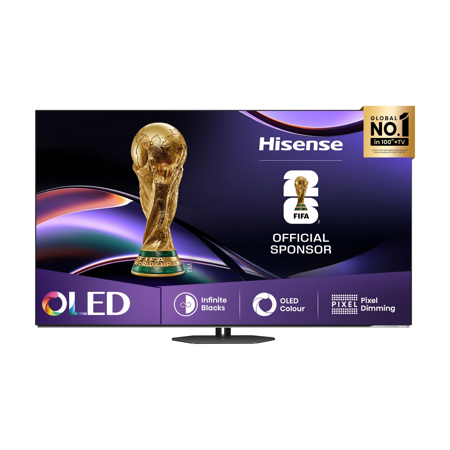 Un TV Hisense OLED muestra el trofeo de la Copa Mundial de la FIFA, logo "Global No.1".