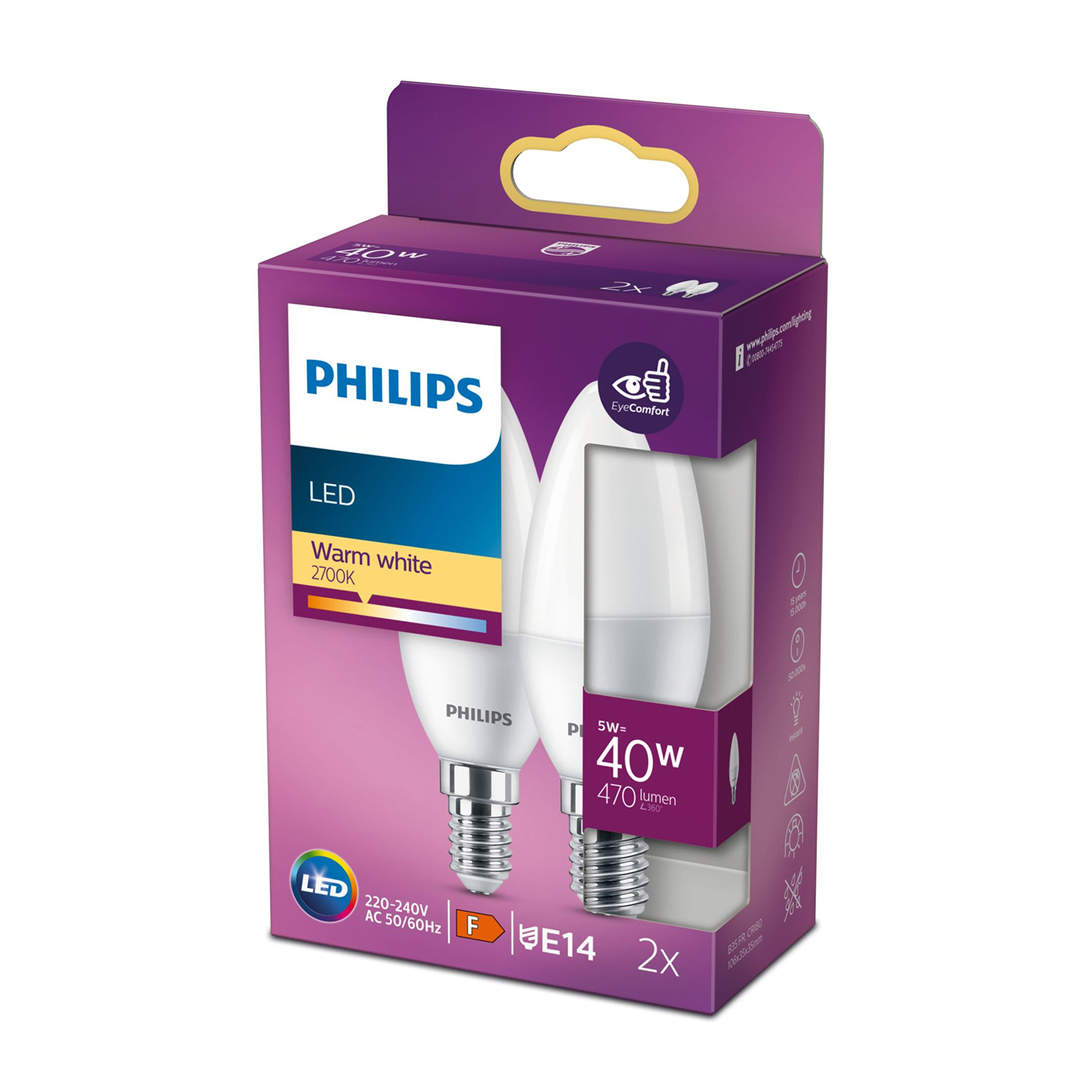Bombillas LED Philips vela, pack de 2, blanco cálido 2700K, 5W reemplaza 40W.