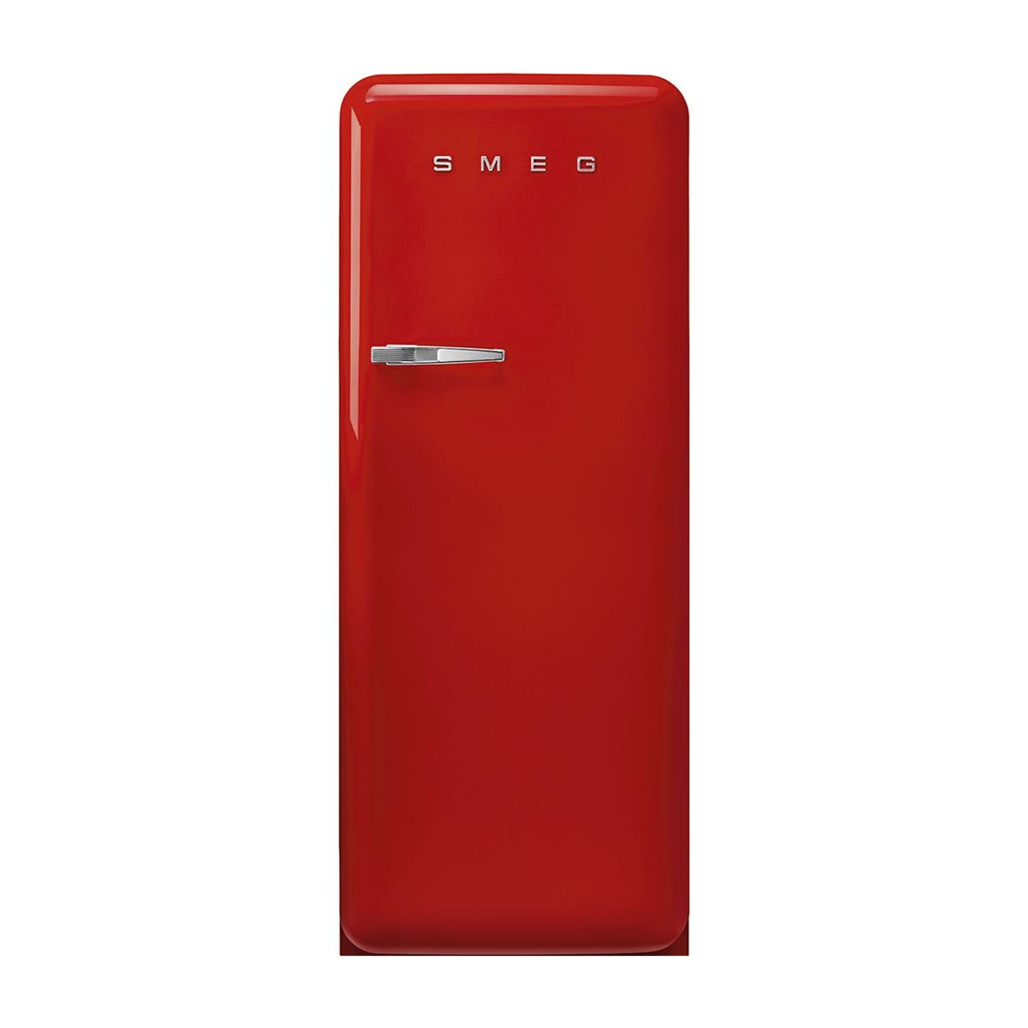 Un frigorífico SMEG rojo con un asa y logo plateados.