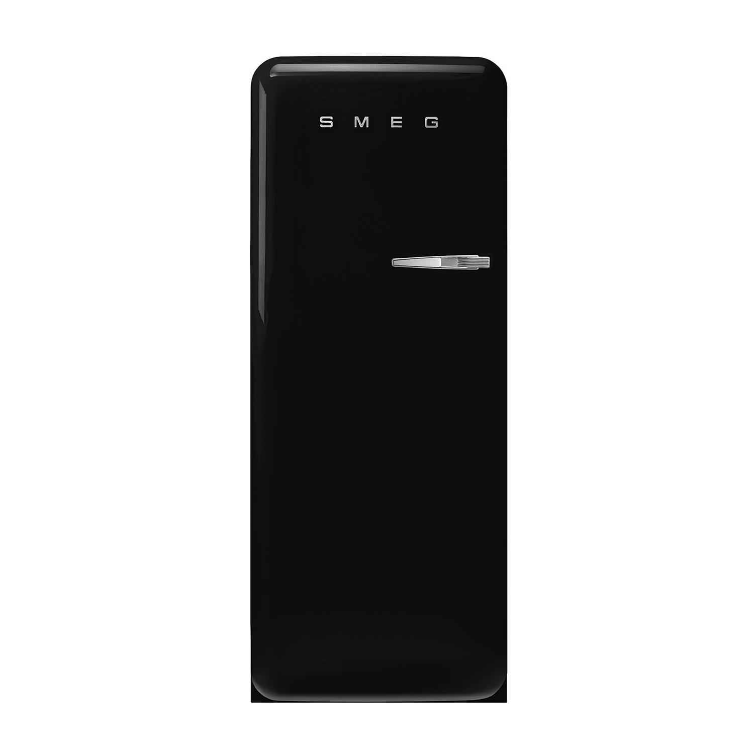 Un refrigerador Smeg negro con asa y logo plateados.